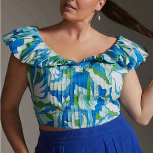 Anthropologie Maeve Puff-Sleeve Cropped Blouse green blue white size 2X  NWT
